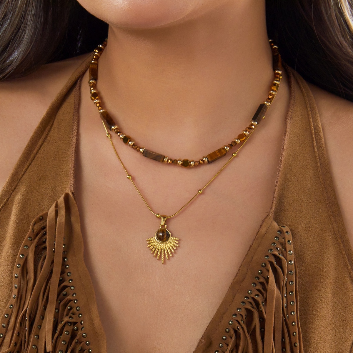 Layered Pendant Necklace Aesthetic - Ästhetische Herbstbraune Natürliche Tigerauge-Perlen Sonnenanhänger Halskette