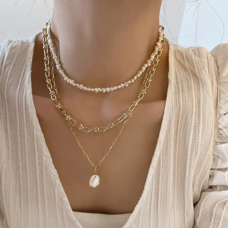 Pearl Choker Necklace Vintage - Französische Retro-Gliederkette Natürliche Süßwasserperlen-Anhänger-Halsketten für Damen